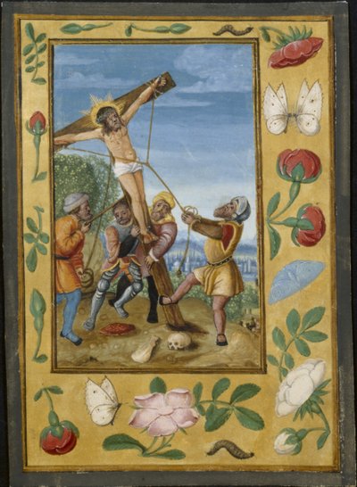 Hoja de un Libro de Horas: La elevación de la cruz, c. 1510-1520 de Unbekannt