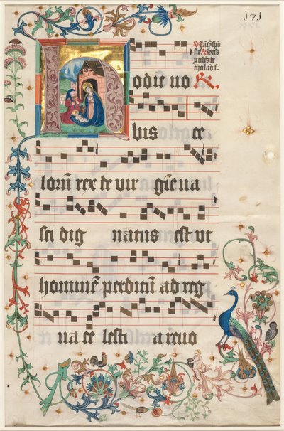 Hoja de un antifonario: Inicial H con la Natividad recto y texto verso, c. 1480 de Unbekannt