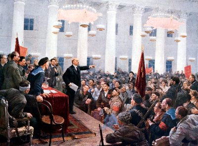 Lenin arengando a los diputados del 2º Congreso Soviético, Palacio Smolny, San Petersburgo, 1917 de Unbekannt