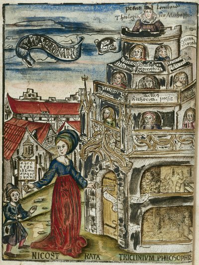 Las artes liberales, la gramática: Nicostrata (llamada Carmenta), sosteniendo un hornbook, manual para la enseñanza (aquí, un abecedario) y una llave, abriendo la puerta de la torre del aprendizaje a un niño de Unbekannt