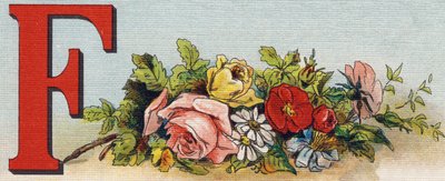 Letra F: flores. Grabado en "Alphabet de ma petite fille". Bernardin-Bechet y Fils, libreros-editores, París, alrededor de 1895. Álbum inquebrantable sobre lienzo. Bibliothèque des Bébés. 12 páginas. Álbum que contiene un método de lectura y un abecedario  de Unbekannt
