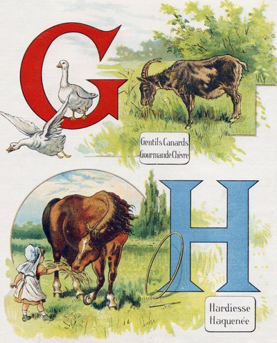 Letra G y H: Buenos patos, cabra golosa, audacia y Haquenee. Grabado en "ABC L