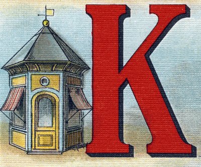 Letra K: quiosco. Grabado en "Alphabet de ma petite fille". Bernardin-Bechet y Fils, libreros-editores, París, alrededor de 1895. Álbum inquebrantable sobre lienzo. Bibliothèque des Bébés. 12 páginas. Álbum que contiene un método de lectura y un abecedario de Unbekannt