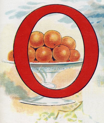 Letra O: naranjas. Grabado en "ABC El alfabeto de los bebés". Volumen irrompible sobre lienzo en cromolitografía. A. Capendu, editor, París. Principios del siglo XX, alrededor de 1905. Imágenes de origen inglés, acompañadas de palabras en francés correspon de Unbekannt