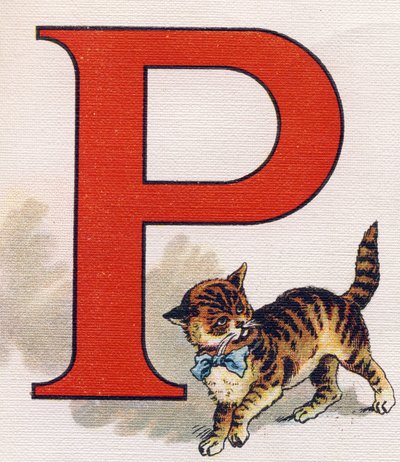 Letra P: gatito. Grabado en "ABC El alfabeto de los bebés". Volumen irrompible sobre lienzo en cromolitografía. A. Capendu, editor, París. Principios del siglo XX, alrededor de 1905. Imágenes de origen inglés, acompañadas de palabras en francés correspondi de Unbekannt