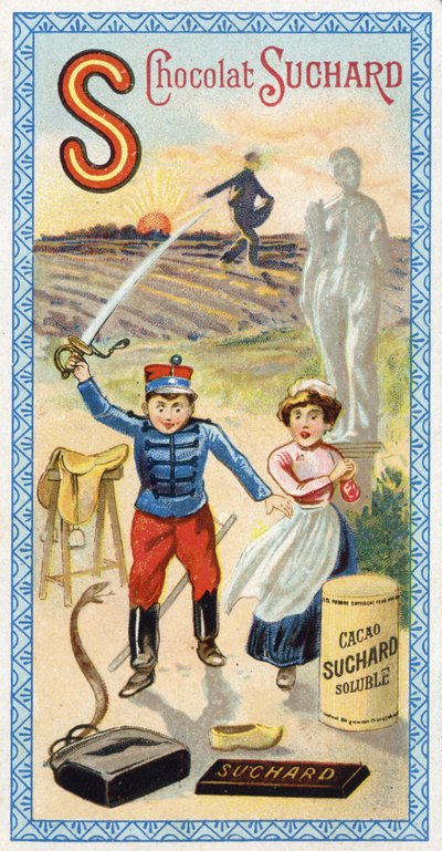 Letra S: sol, siembra, sembrador, sirviente, estupor, soldado, espada, silla, serpiente, estatua, pezuña, bolsa. Grabado del Alfabeto editado por Chocolat Suchard, principios del siglo XX. 24 cromolitografías que representan lugares, personajes y objetos de Unbekannt