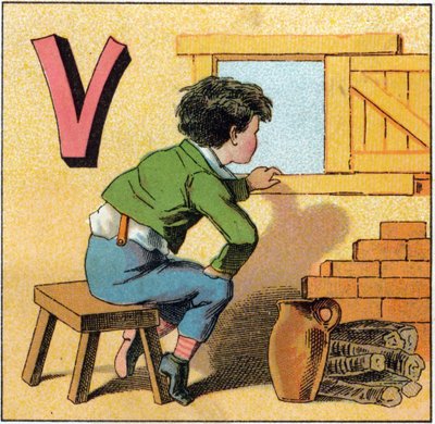 Letra V como vasistas. Niño curioso mirando por una ventana. Grabado en "Alphabet des petits ecoliers". Imágenes de Epinal, circa 1885. Colección Privada de Unbekannt
