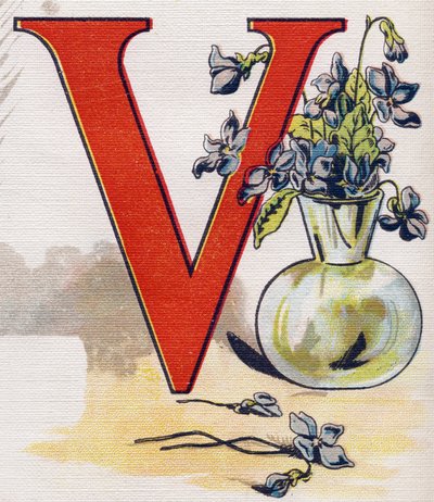 Letra V: jarrón con violetas. Grabado en "ABC L