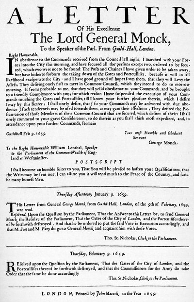 Carta del General Monck al Presidente de la Cámara de los Comunes, 1659 1903 de Unbekannt