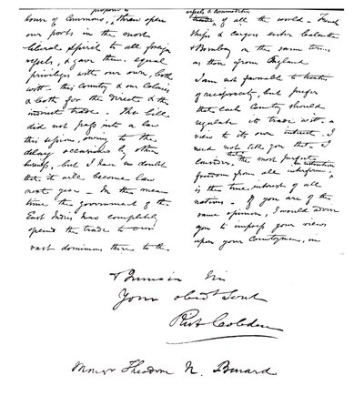Carta de Richard Cobden a Theodore Benard sobre la importancia del libre comercio entre todas las naciones de Unbekannt