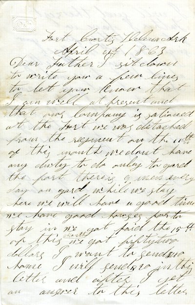 Carta firmada por David T. Massey, Fort Curtis, Helena, Ark., a su padre (Nathan Massey), 21 de abril de 1863 de Unbekannt
