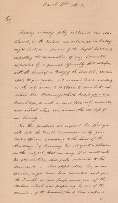Carta a Benjamin West, Presidente de la Real Academia, 1803 de Unbekannt