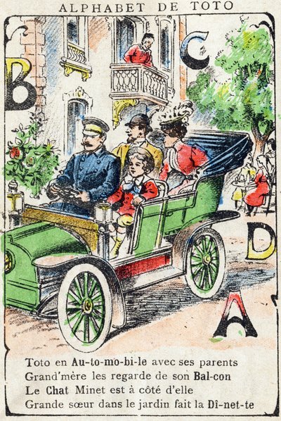 Letras A B C D Coche Balcón Gato Comidita. Grabado en "Alphabet de Toto", finales del siglo XIX. Imágenes de Pont-a-Mousson. Louis Vagne, impresor-editor. 12 páginas. Álbum publicitario que contiene un abecedario ilustrado y un método de lectura simplifica de Unbekannt