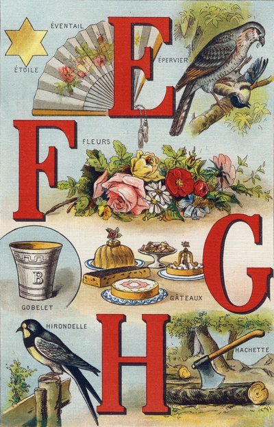 Letras E F G H; Golondrina; Abanico; Flores; Pasteles; Taza; Hachette; Golondrina. Grabado en "Alphabet de ma petite fille". Bernardin-Bechet y Fils, libreros-editores, París, alrededor de 1895. Álbum inquebrantable sobre lienzo. Bibliothèque des Bébés. 12 de Unbekannt