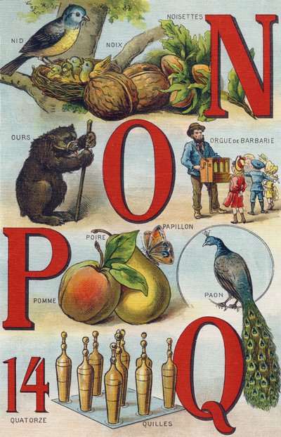 Letras N O P Q; Nido; Avellanas; Órgano de púas; Oso; Pavo real; Mariposa Manzana Pera; Bolas. Grabado en "Alphabet de ma petite fille". Bernardin-Bechet y Fils, libreros-editores, París, alrededor de 1895. Álbum irrompible sobre lienzo. Bibliothèque des B de Unbekannt