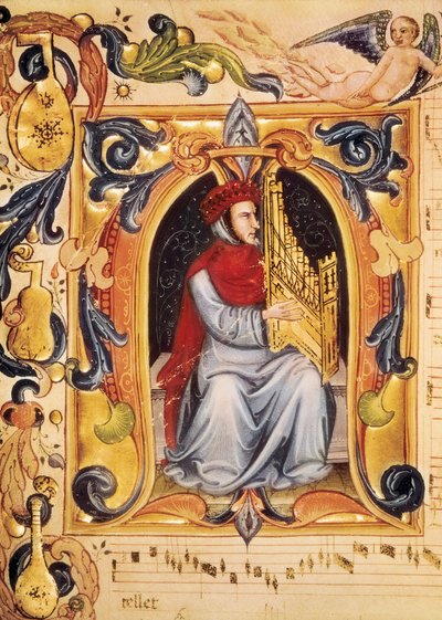Letra capital con un hombre y un órgano comenzando una partitura del Codex Squarcialupi (por Antonio Squarcialupi) de Unbekannt
