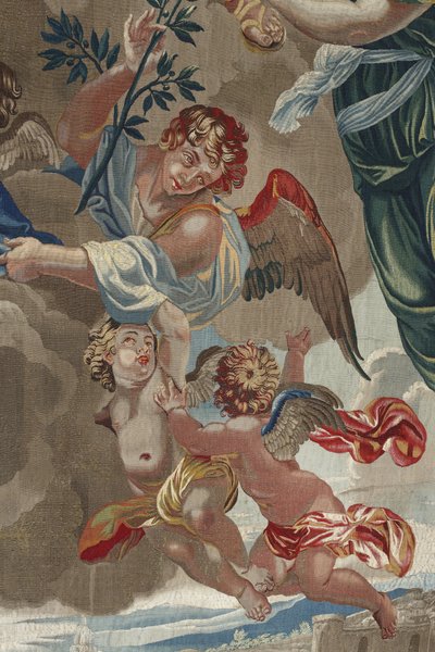 Vida de la Virgen: “La Coronación de la Virgen” (Coronación de la Virgen) Detalle de ángeles Tapiz de lana y seda hecho en el taller de Pierre Damour a partir de los dibujos de Charles Poerson (1609-1667) de Unbekannt