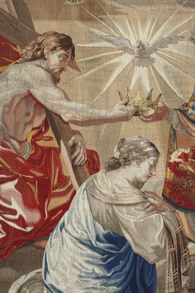 Vida de la Virgen: “La Coronación de la Virgen” Detalle que representa a Jesús y la Paloma del Espíritu Santo (Espíritu Santo) sobre la Virgen - Tapiz de lana y seda hecho en el taller de Pierre Damour a partir de los dibujos de Charles Poerson (1609-1667) de Unbekannt