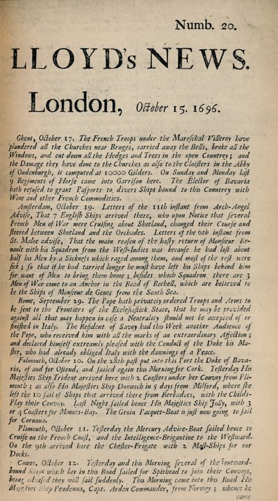 Lloyds News. Londres, 15 de octubre de 1696 - Numb. 20, 1928 de Unbekannt