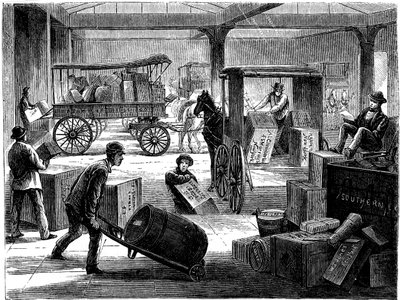 Cargando furgones tirados por caballos en la oficina general de Wells Fargo, Nueva York, EE.UU., 1875 de Unbekannt