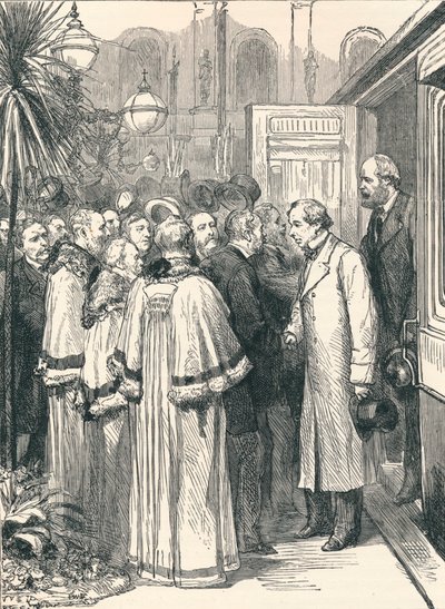 Lord Beaconsfield y Lord Salisbury en la estación de tren de Charing Cross, 1896 de Unbekannt