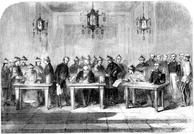 Lord Elgin firmando el Tratado de Tainjin para terminar la Segunda Guerra del Opio, 1858 de Unbekannt