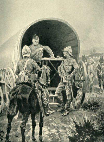 Lord Roberts escribiendo despachos en el vagón de transporte en el que dormía, 1901 de Unbekannt