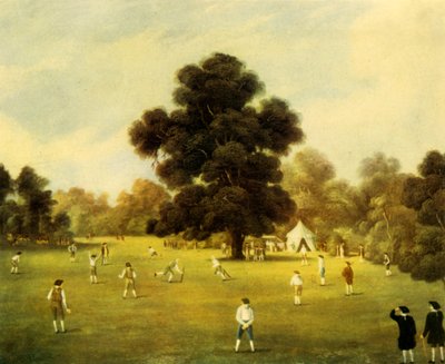 Lores y caballeros de Surrey y Kent jugando al cricket en Knole Park, Kent, 1775, 1947 de Unbekannt