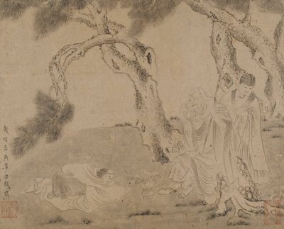 Luohan, asistente y adorador bajo pinos, dinastía Yuan o Ming, 1279-1644 de Unbekannt