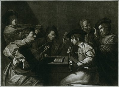 Laúd, violín y zinc negro curvado, grabado italiano del año 1784 de Unbekannt