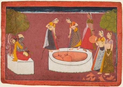 Madhava toca su vina ante cinco mujeres sacando agua de un pozo, de un Madhavanala..., c. 1700 de Unbekannt