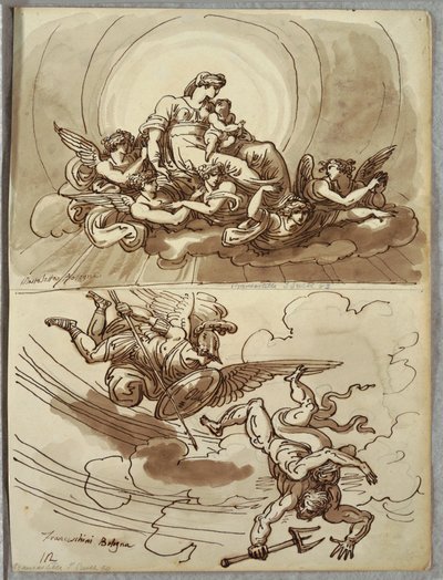 Madonna y Niño en la Gloria, Estudio después de Mastelletta; Ángel Gabriel expulsando a Lucifer del Cielo, Estudio después de Marcantonio Franceschini de Unbekannt