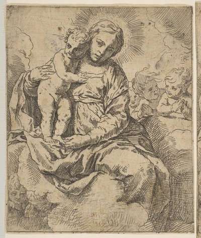 Madonna y Niño sentados en las nubes y rodeados de ángeles, copia inversa, ca. 1639 o después de Unbekannt