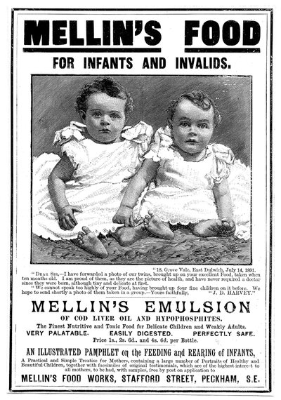Anuncio de revista para Mellins Emulsion, un suplemento alimenticio basado en aceite de hígado de bacalao, c1890 de Unbekannt