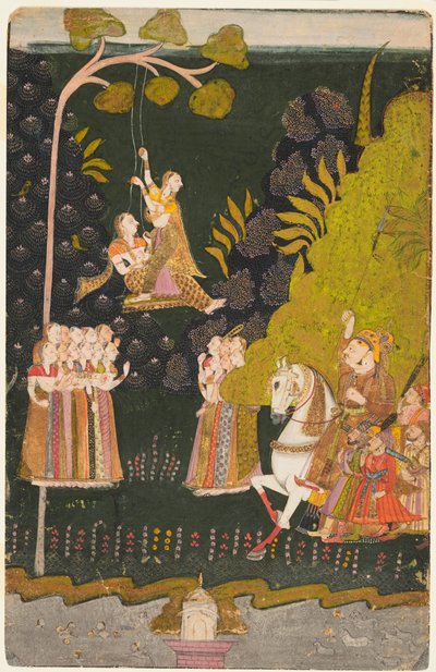 Maharajá Abhai Singh, Ecuestre, Observando a las Chicas Balancearse en el Festival Teej, c. 1740 de Unbekannt