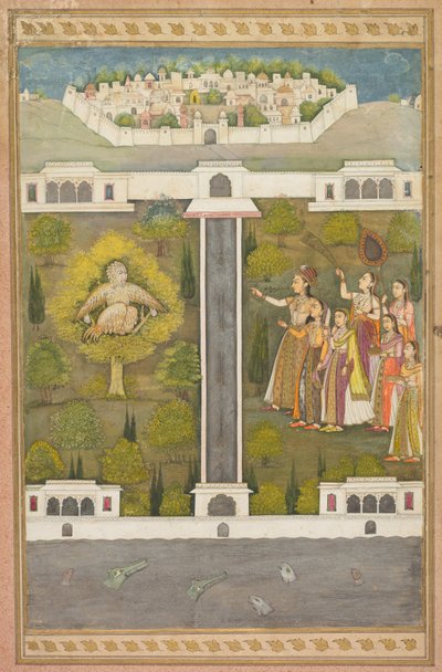 Mahliqa, hija del emperador de China, señalando al hombre-pájaro Khwaja Mubarak...verso, c. 171 de Unbekannt