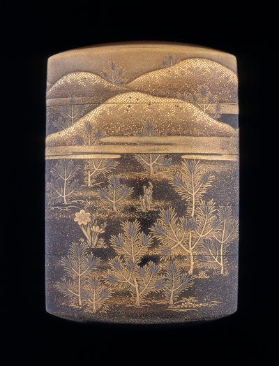 Inro de laca Makie decorado con pinos estilizados y colinas, período Edo tardío, Japón, 1750-1850 de Unbekannt