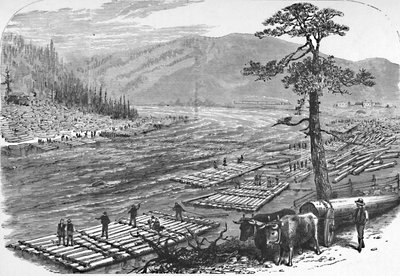 Construcción de balsas en el río Susquehanna. Una escena en la línea del ferrocarril Erie, 1883 de Unbekannt