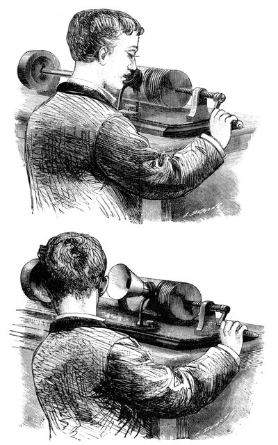 Haciendo una grabación con, y escuchando, el primer fonógrafo de Edison de Unbekannt