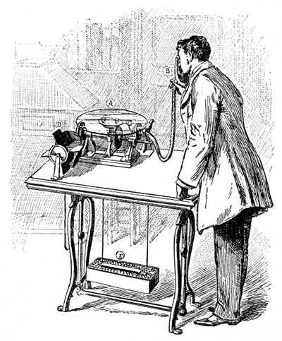 Haciendo grabaciones en el gramófono de Emile Berliner, c1887 de Unbekannt
