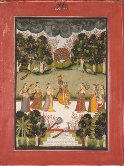 Malar Ragini: Krishna Tocando la Flauta a Siete Gopis con Instrumentos Musicales..., c. 1760 de Unbekannt
