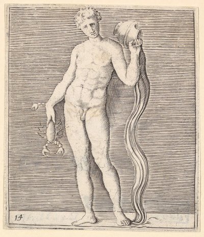 Hombre con cangrejo de río y urna de agua, publicado ca. 1599-1622 de Unbekannt