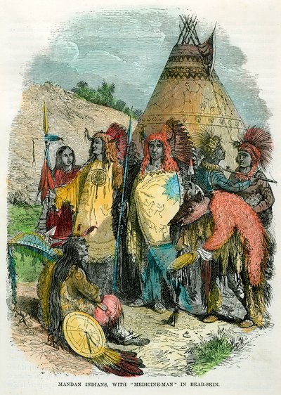 Indios Mandan, con hombre medicina en piel de oso, c. 1875 de Unbekannt