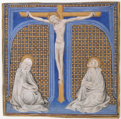 Iluminación de manuscrito con Crucifixión en una inicial T, de un misal, ca. 1400 de Unbekannt