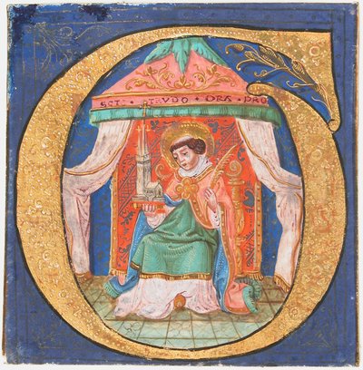 Iluminación de manuscrito con San Trudo Trond en una inicial O, de un libro de coro, siglo XV de Unbekannt