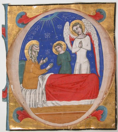 Iluminación de Manuscrito con Tobit, Tobias y el Arcángel Rafael en una Inicial O de Unbekannt