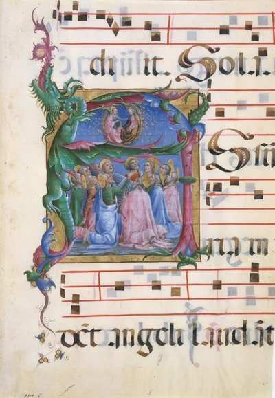 Iluminación de manuscrito con la Asunción de la Virgen en una inicial A, italiano de Unbekannt