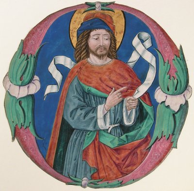 Iluminación de manuscrito con la figura de un santo en una inicial O de Unbekannt