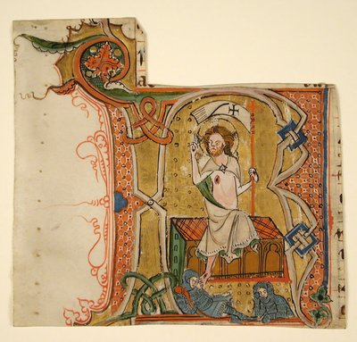 Hoja de manuscrito mostrando una inicial R iluminada con La Resurrección, finales del siglo XIII de Unbekannt