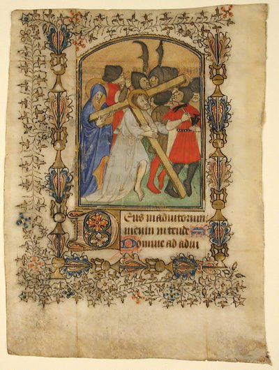 Hoja de manuscrito de un libro de horas... Inicial iluminada D y Cristo llevando la cruz de Unbekannt